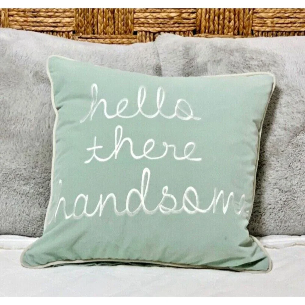 NEW Textured Velvet Pillow Cover Hello There Handsome 17x17 Blue Embroidered